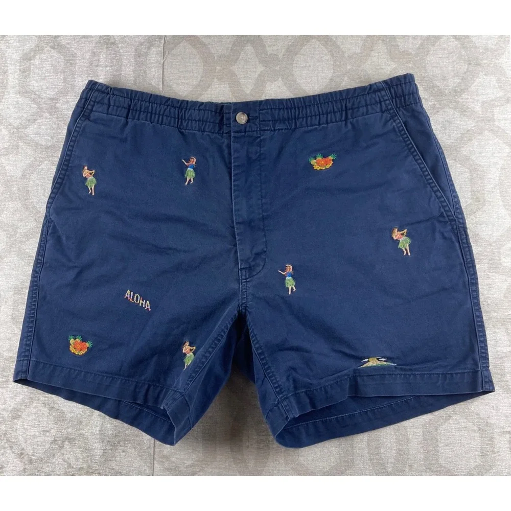 Polo Ralph Lauren Men L Navy Blue Embroidered Hula Aloha Tropical Chino Shorts